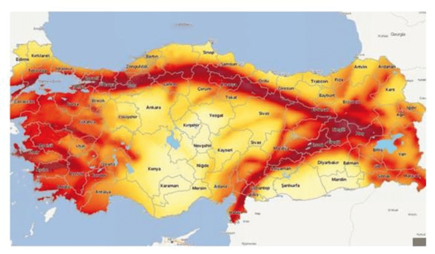 Bản đồ nguy cơ động đất của Thổ Nhĩ Kỳ được mô tả năm 2018 bởi Cơ quan Quản lý Thảm họa và Tình trạng Khẩn cấp AFAD của Bộ Nội vụ Thổ Nhĩ Kỳ