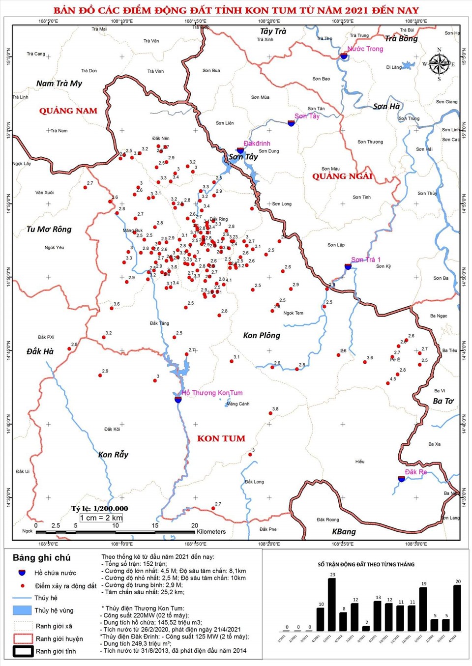 Bản đồ các điểm động đất tỉnh Kon Tum từ năm 2021 đến nay cho thấy mật độ động đất dày, tần suất xảy ra tương đối lớn